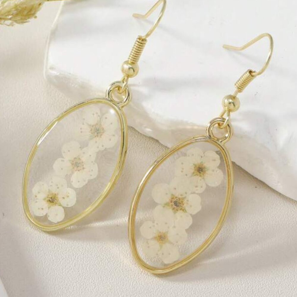Gold Oval Real Dried Flower White Floral Hanging Earrings